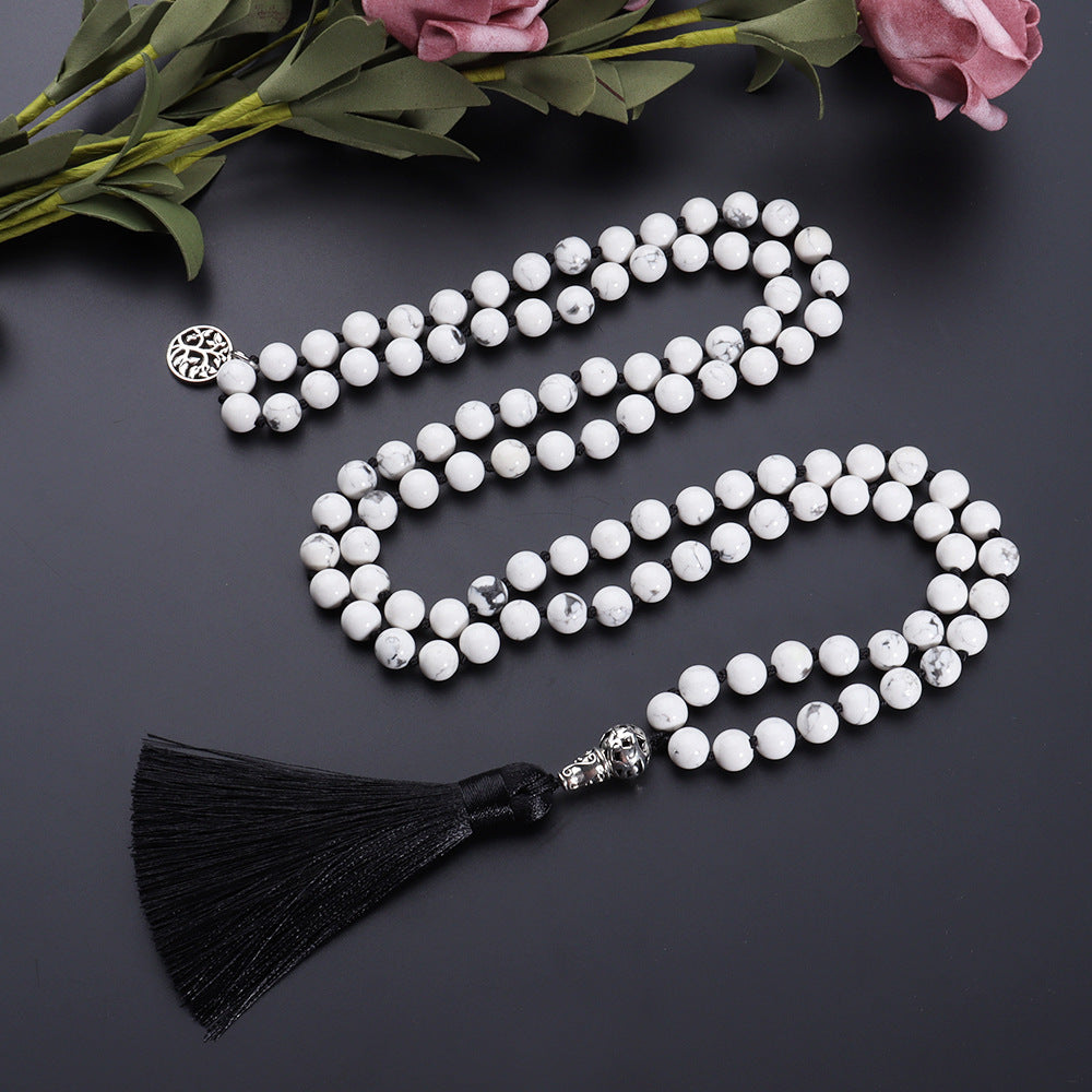 White Marble Mala Beads with Tassels