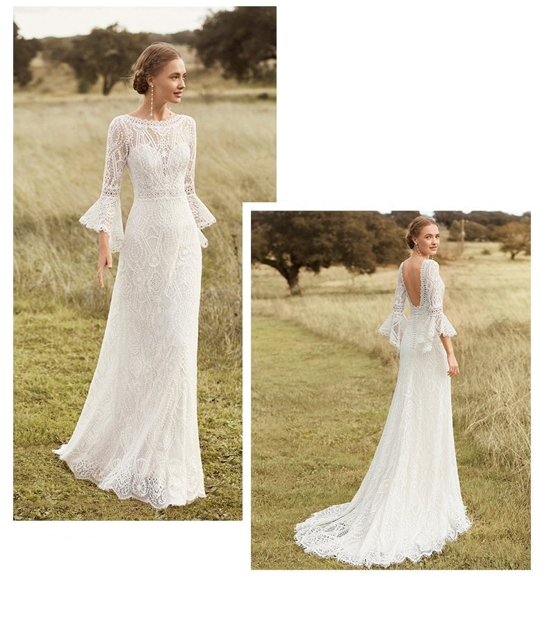 White Patterned Lace Bohemian Wedding Dress