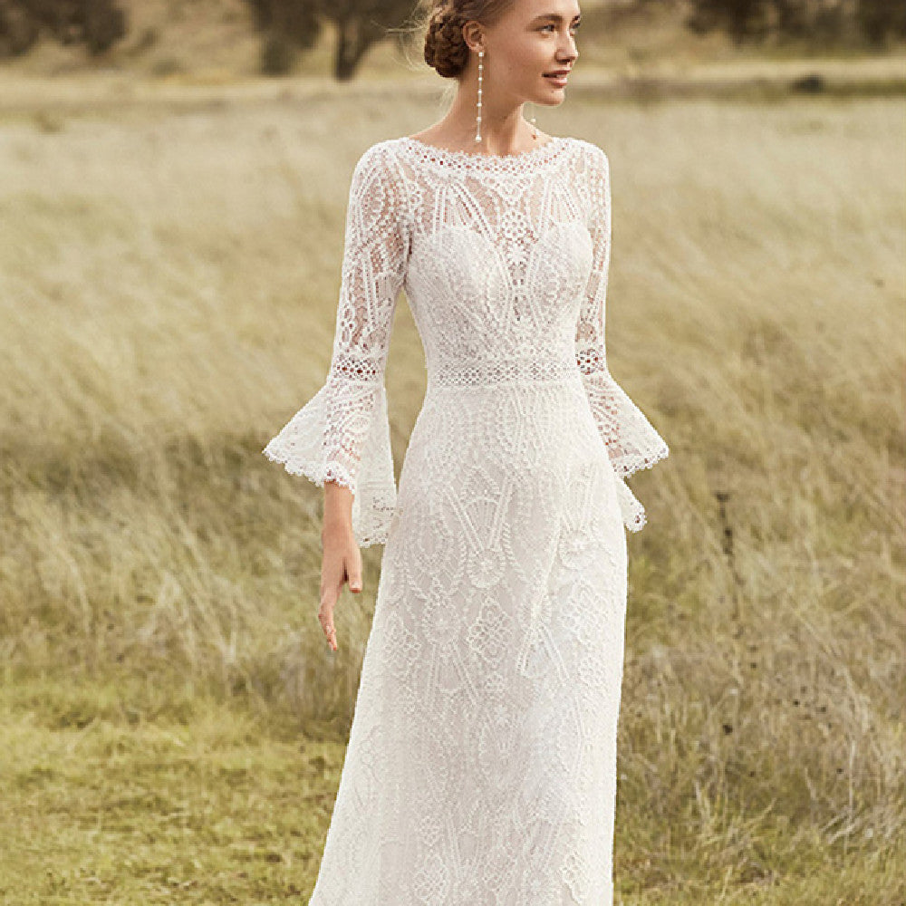 White Patterned Lace Bohemian Wedding Dress