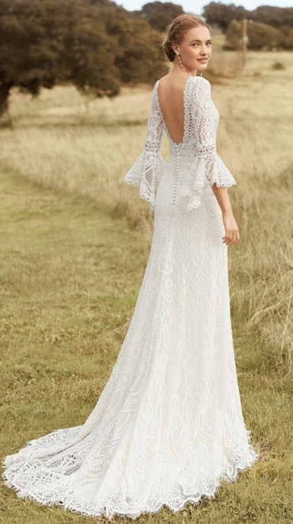White Patterned Lace Bohemian Wedding Dress