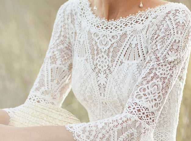 White Patterned Lace Bohemian Wedding Dress