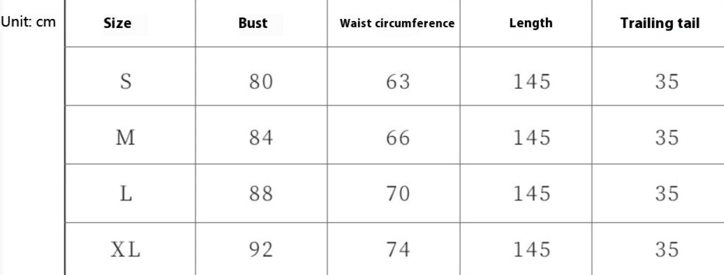 Table displaying clothing size chart with bust, waist circumference, length, and trailing tail measurements.