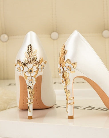 White Pointed Toe Satin Wedding Pumps with Gold Embellished Heel