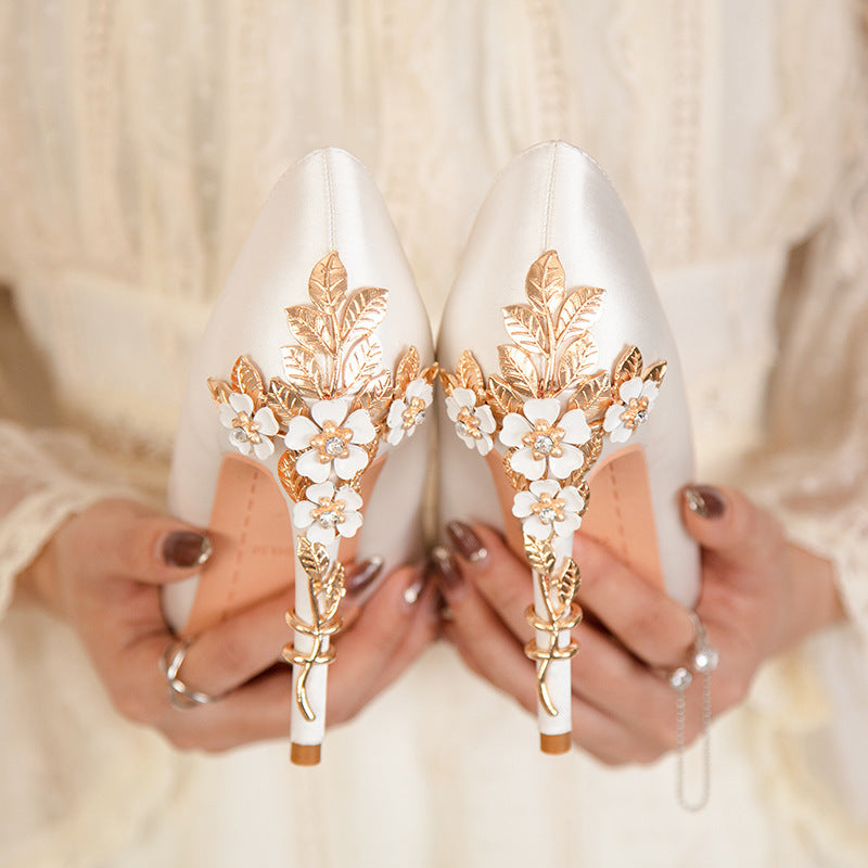 White Pointed Toe Satin Wedding Pumps with Gold Embellished Heel
