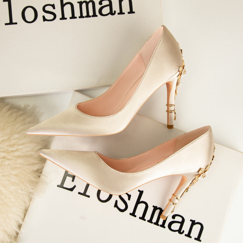 gold White Pointed Toe Satin Wedding Pumps with Gold Embellished Heel