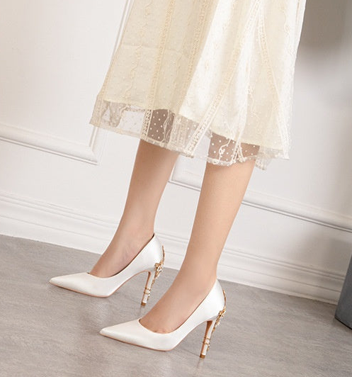 White Pointed Toe Satin Wedding Pumps with Gold Embellished Heel
