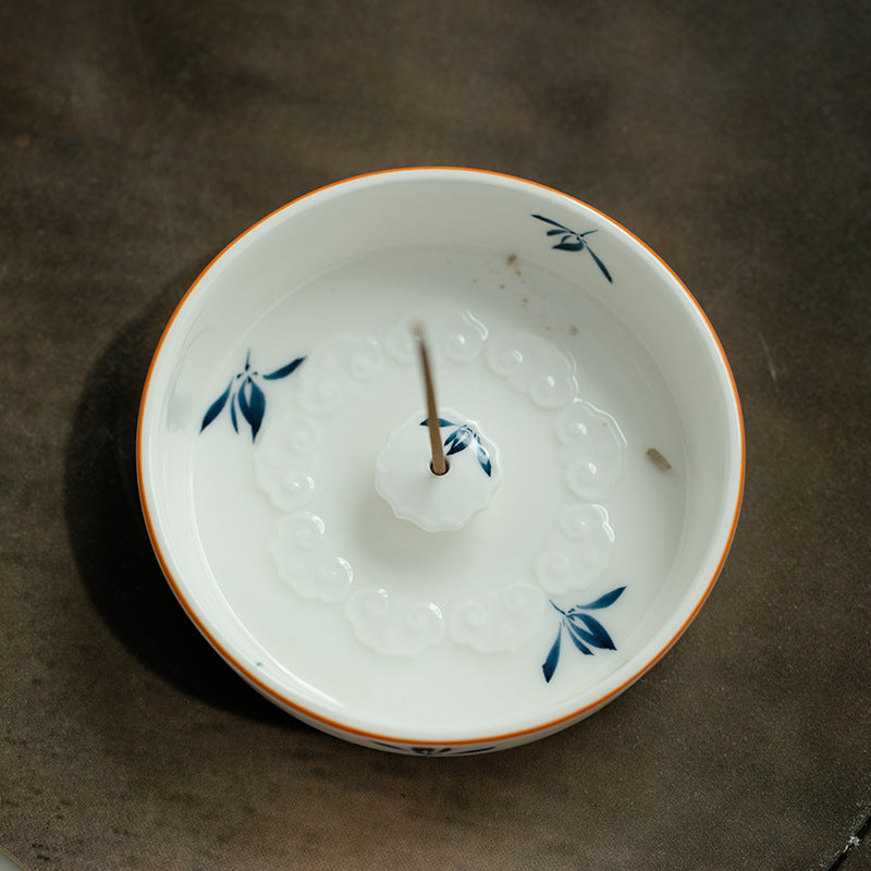 White Round Ceramic Incense Burner with Blue Flower