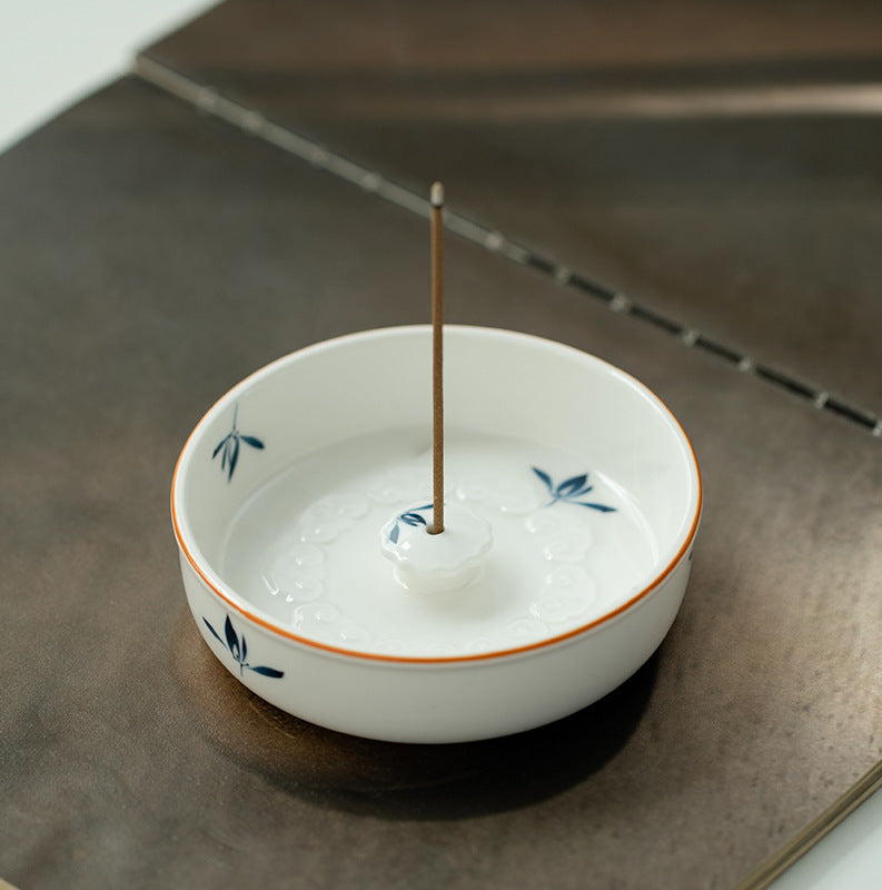 White Round Ceramic Incense Burner with Blue Flowers