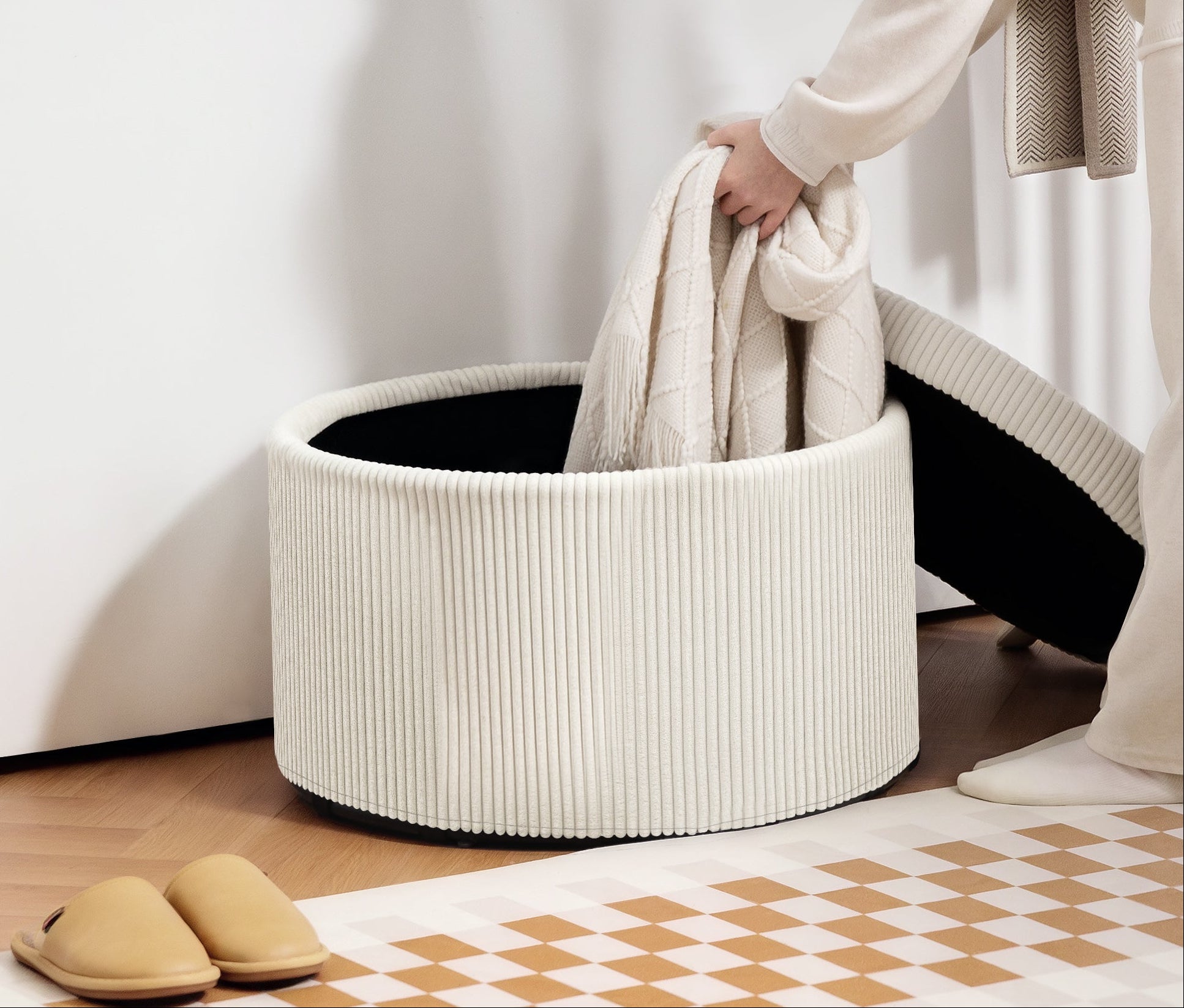 White Round Storage Corduroy Ottoman
