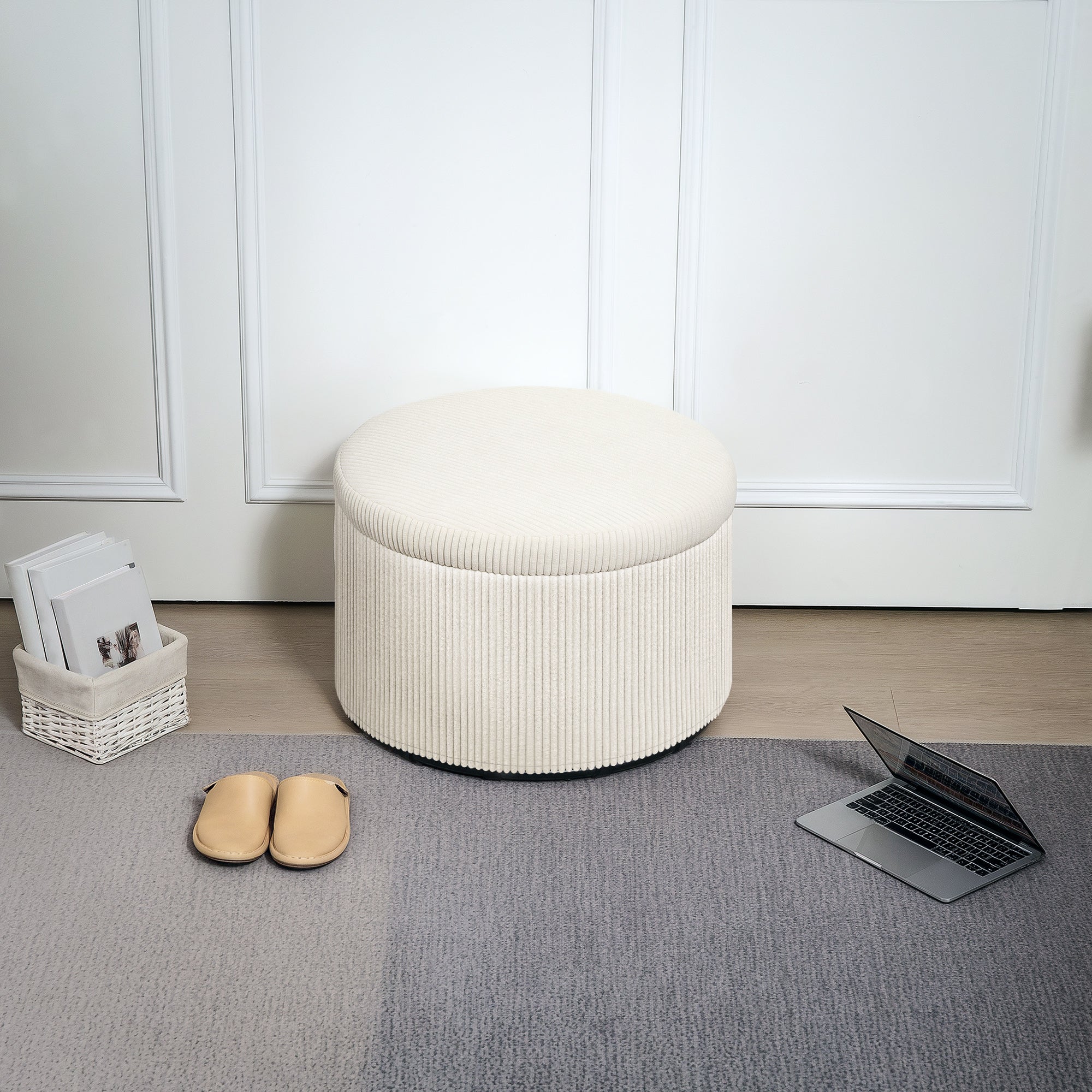 White Round Storage Corduroy Ottoman white