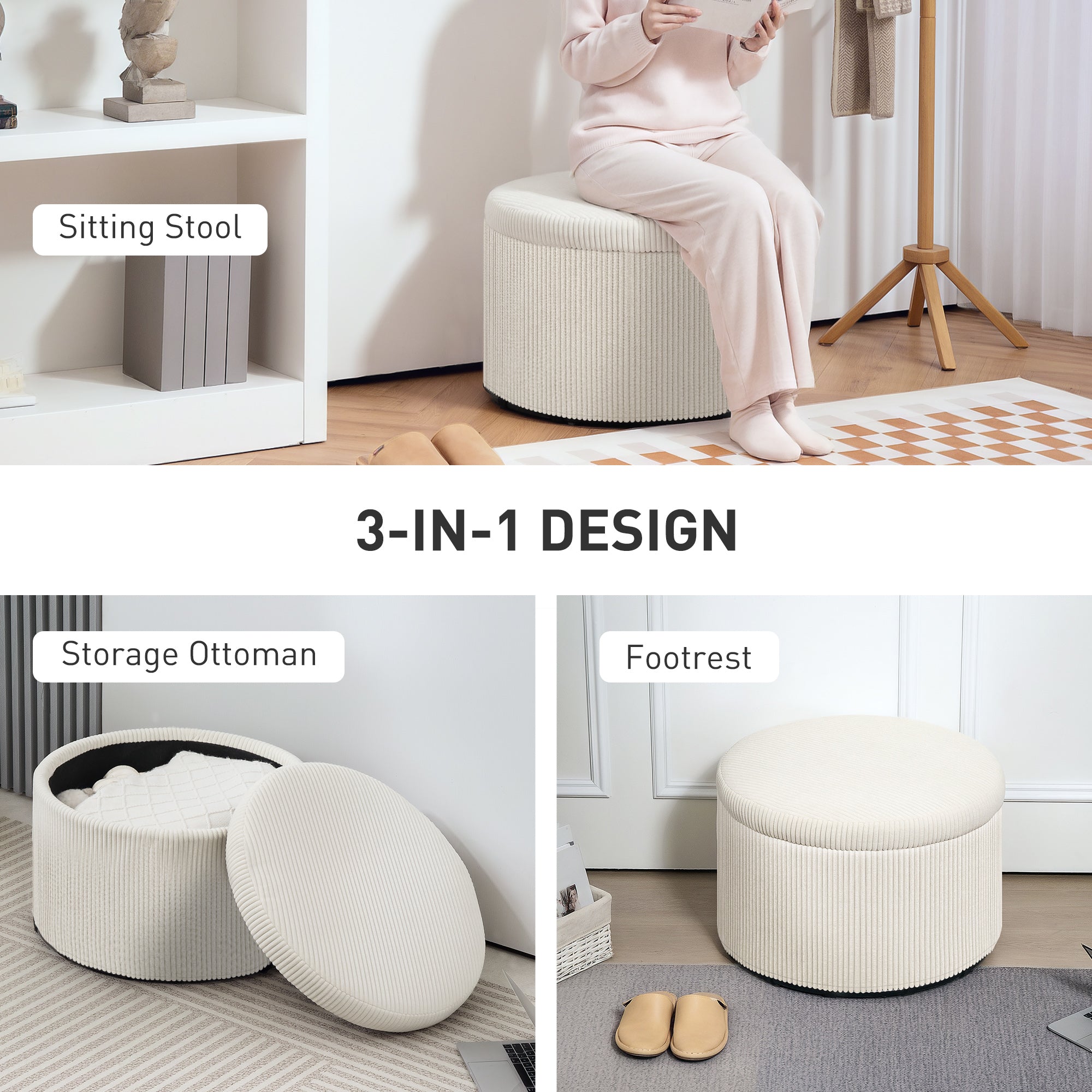 White Round Storage Corduroy Ottoman