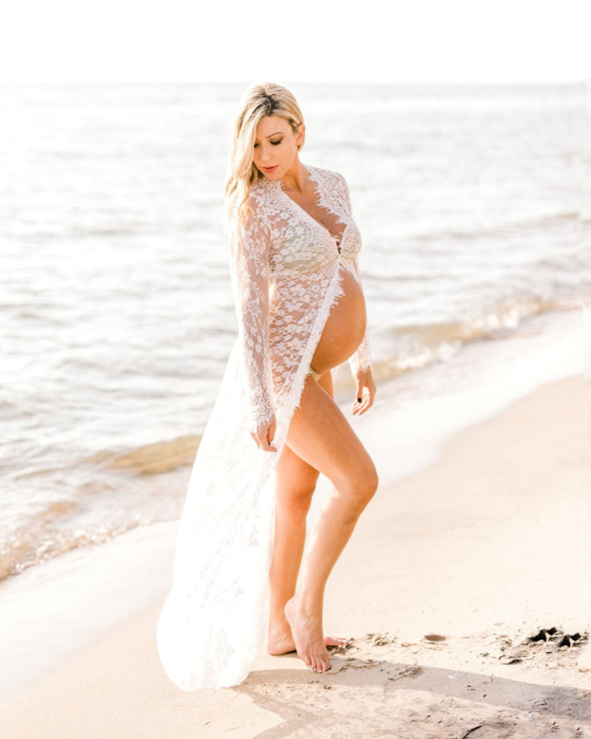 White Sheer Lace Maternity Dress for Photoshoot