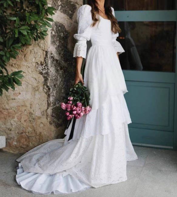 White Long Sleeve Tulle Mesh Bridal Dress