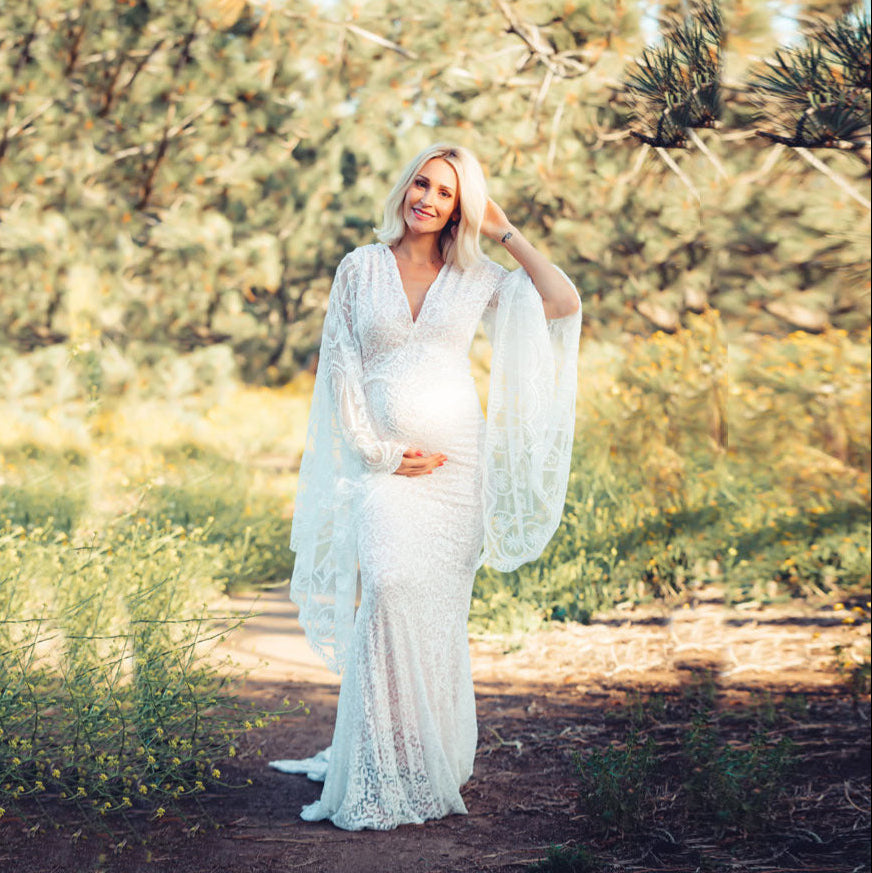 White V-Neck Flared Sleeves Long Tail Dress