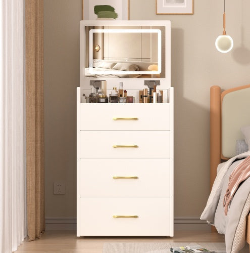 White dresser with gold handles in a bedroom setting