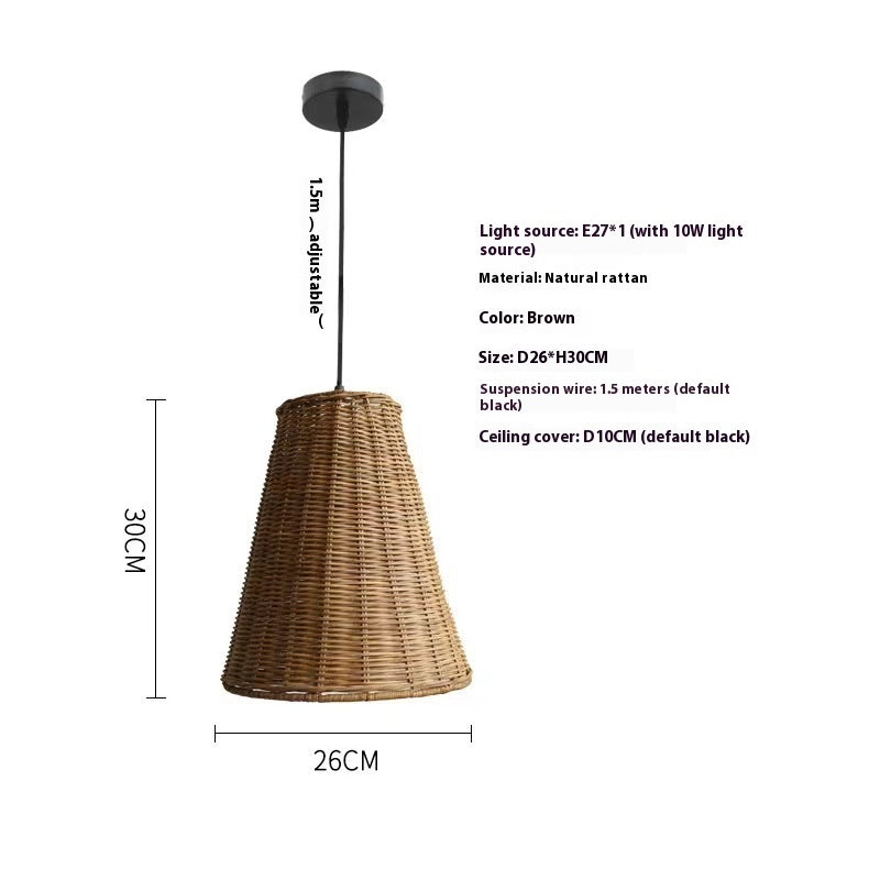 Wicker pendant light with dimensions and specifications on a white background