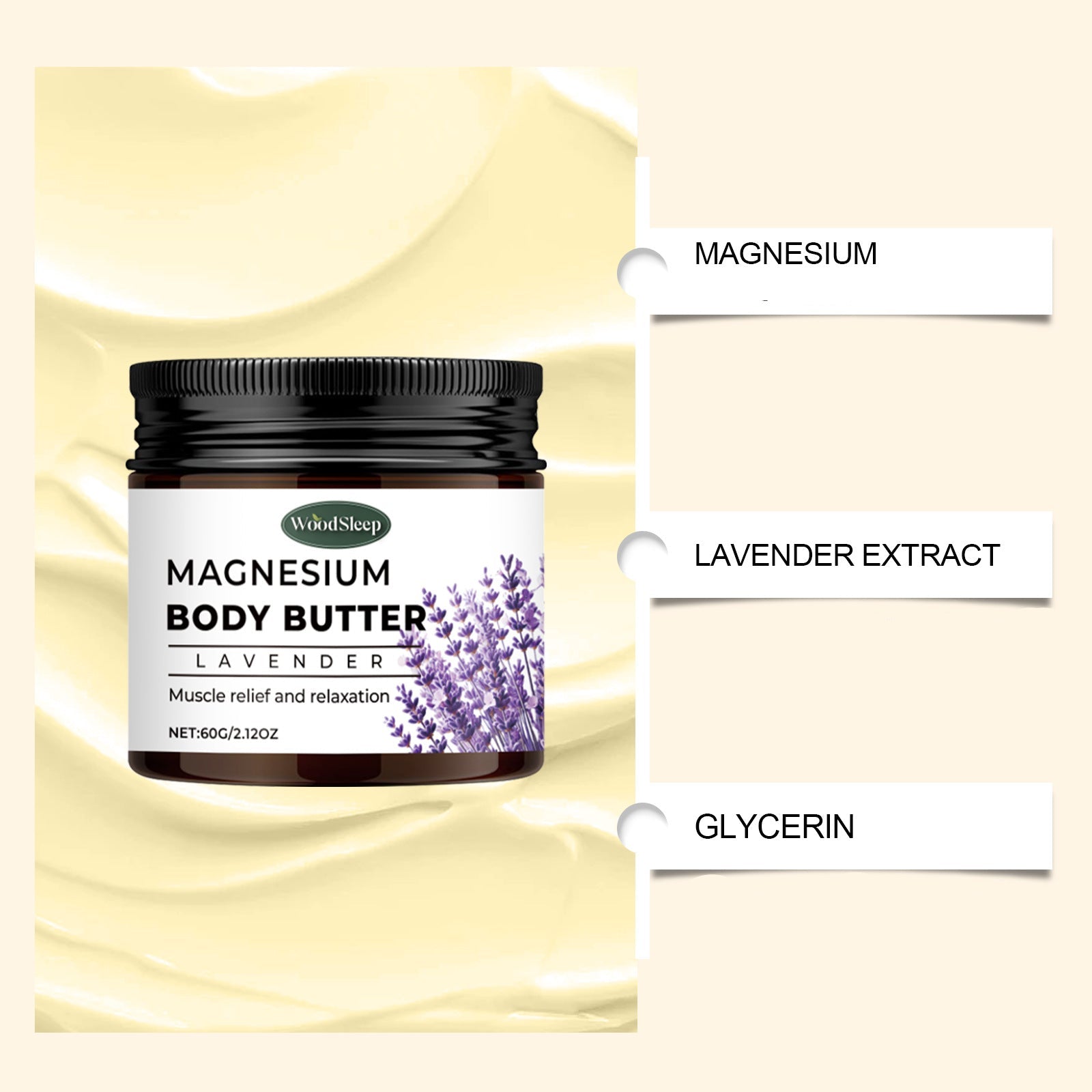 WoodSleep magnesium body butter jar with ingredients listed on a beige background