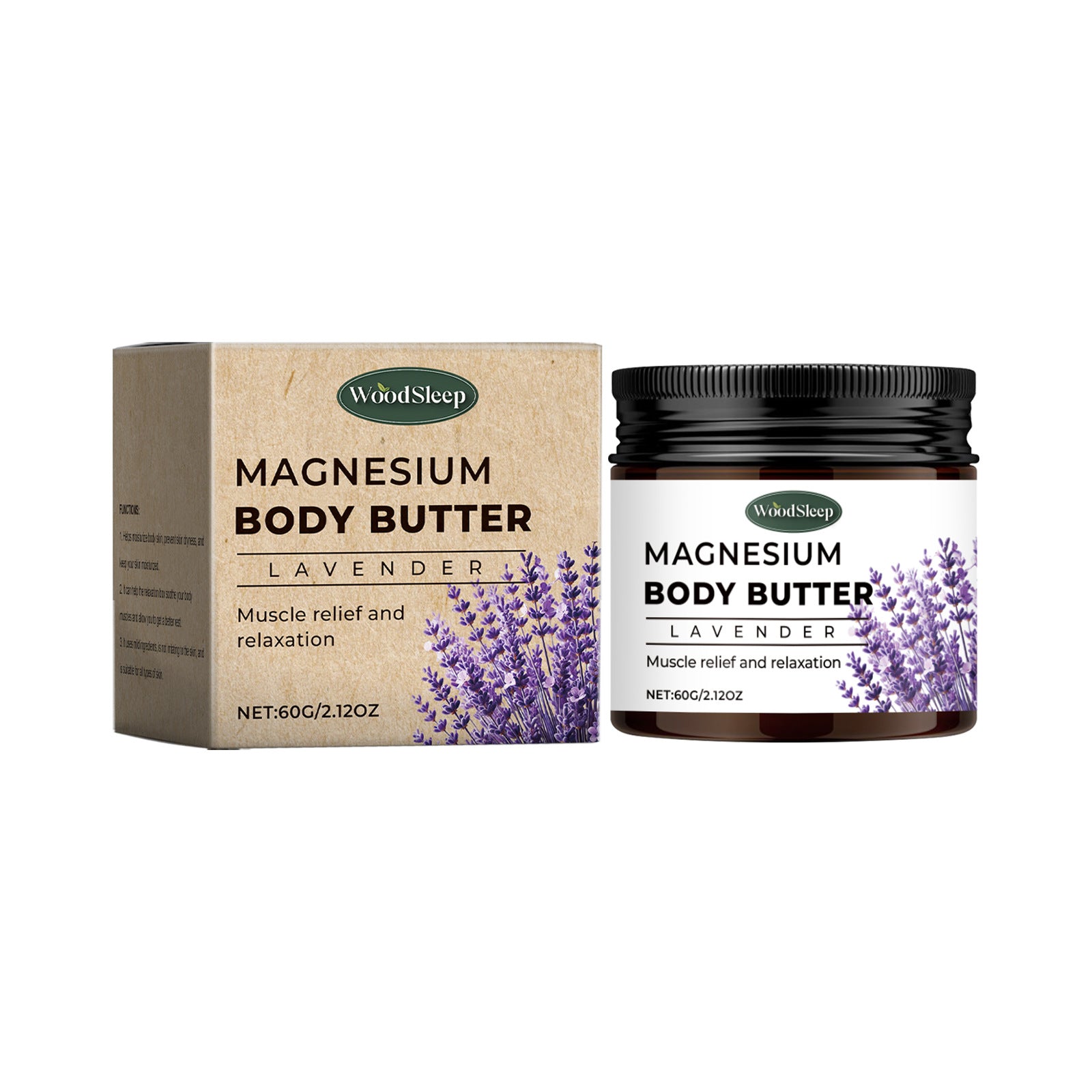 WoodSleep magnesium body butter with lavender scent packaging on a white background
