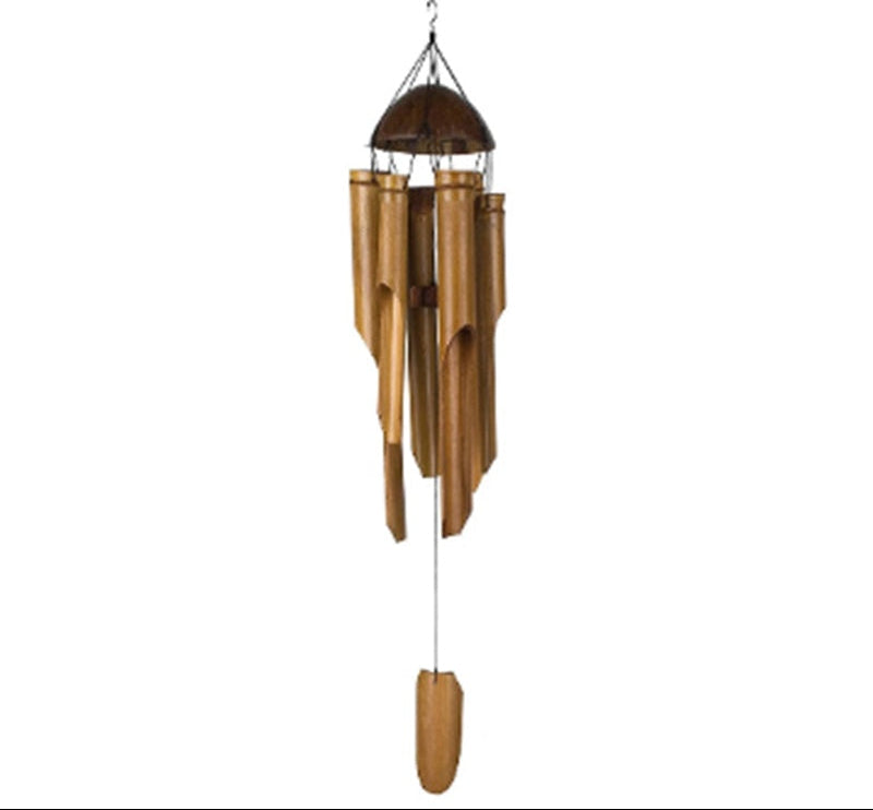 Wooden wind chime with multiple tubes on a white background