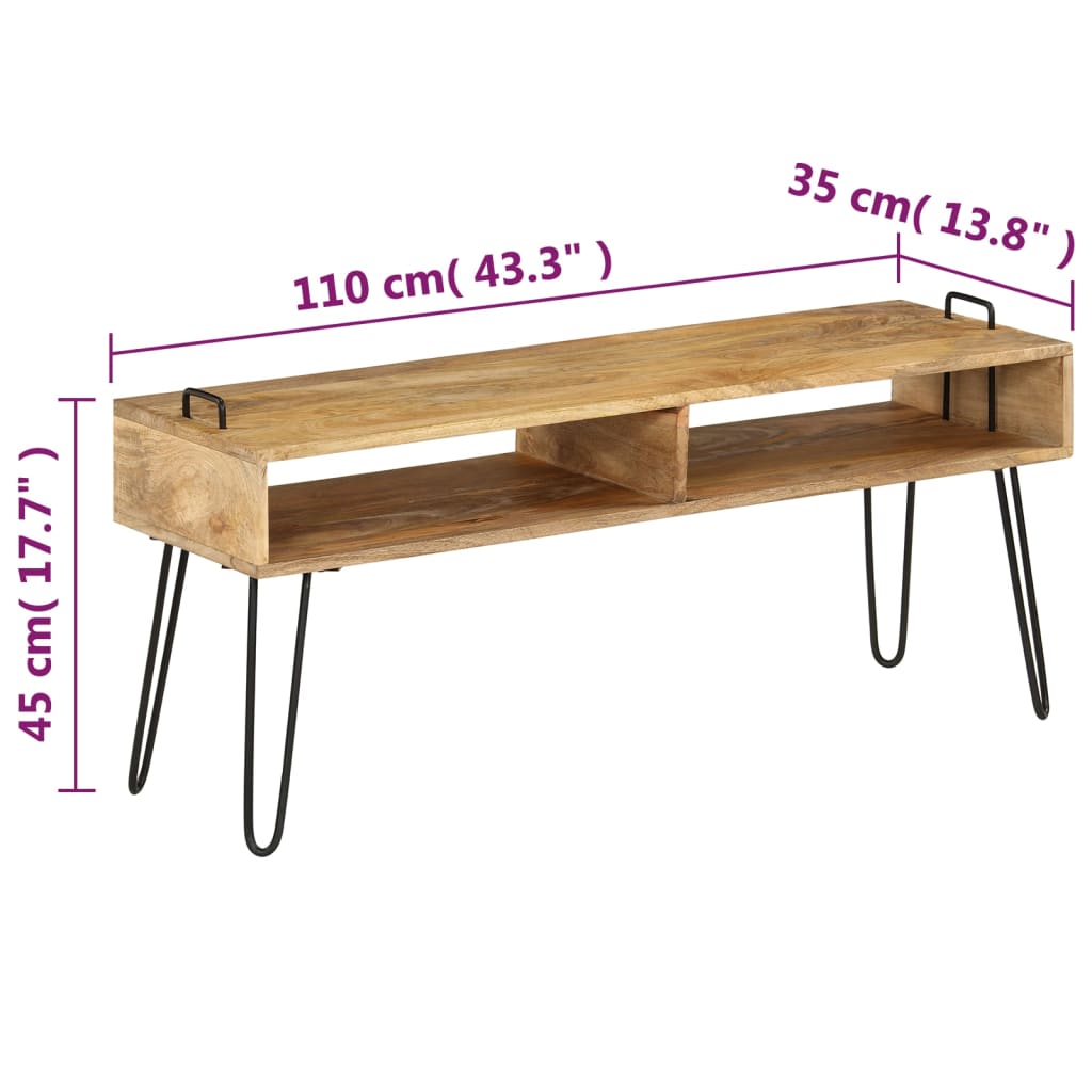 Wooden console table with hairpin legs and dimensions labeled on a white background