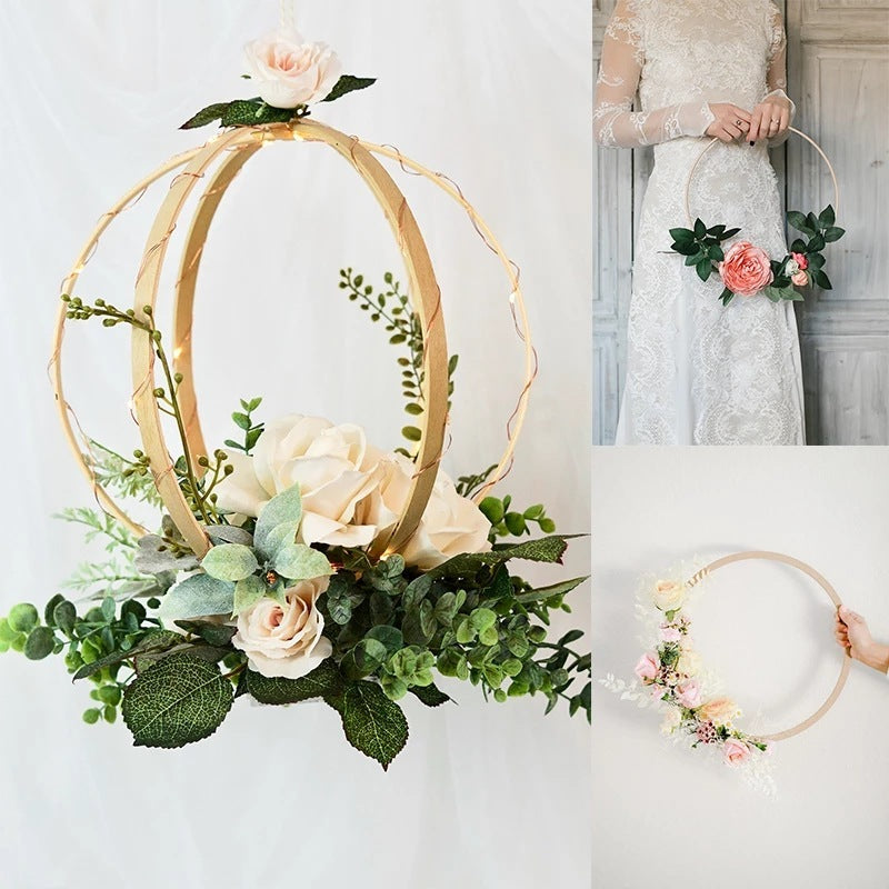 Collage of floral hoop decorations with a bride holding one in the background.