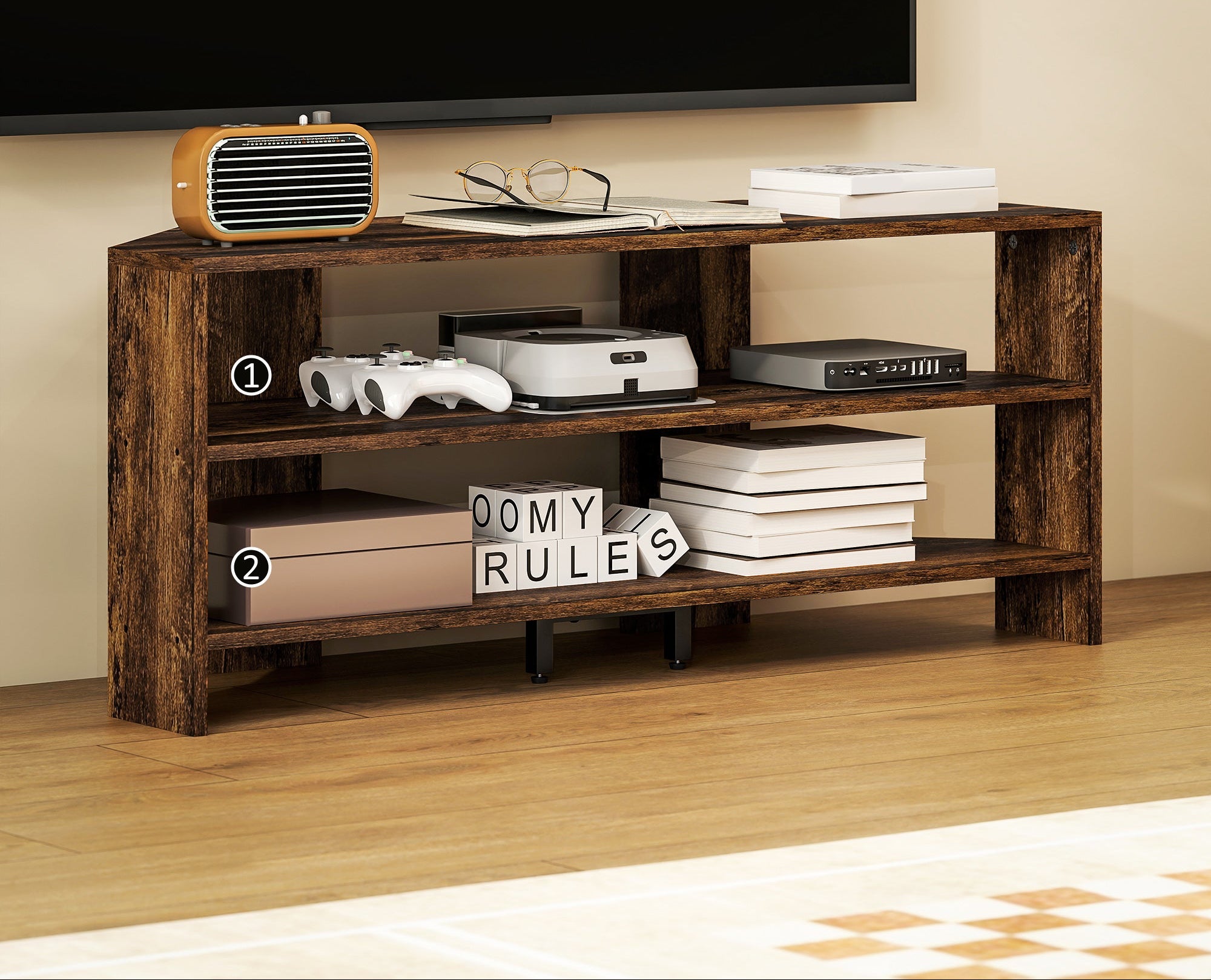 Wooden TV stand with shelves displaying electronic devices and books, with text highlighting storage space.