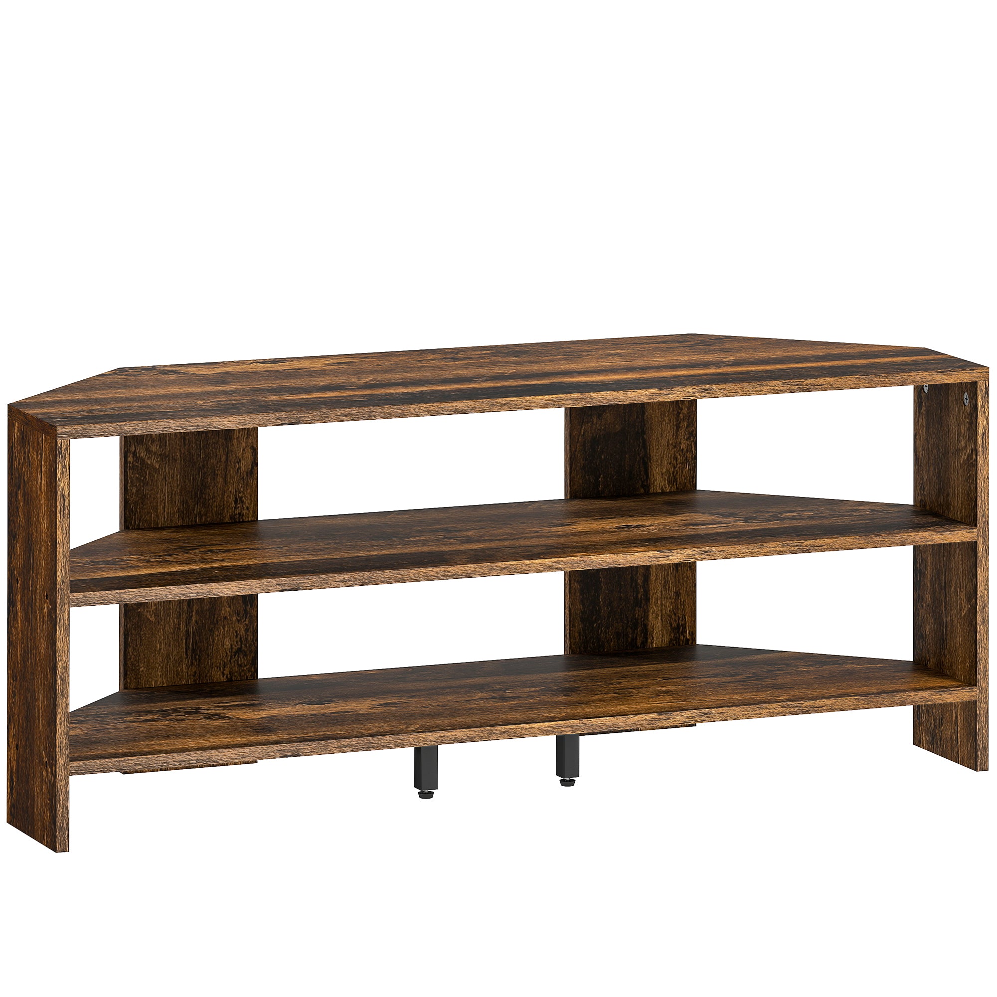 Wooden TV stand with two shelves on a white background
