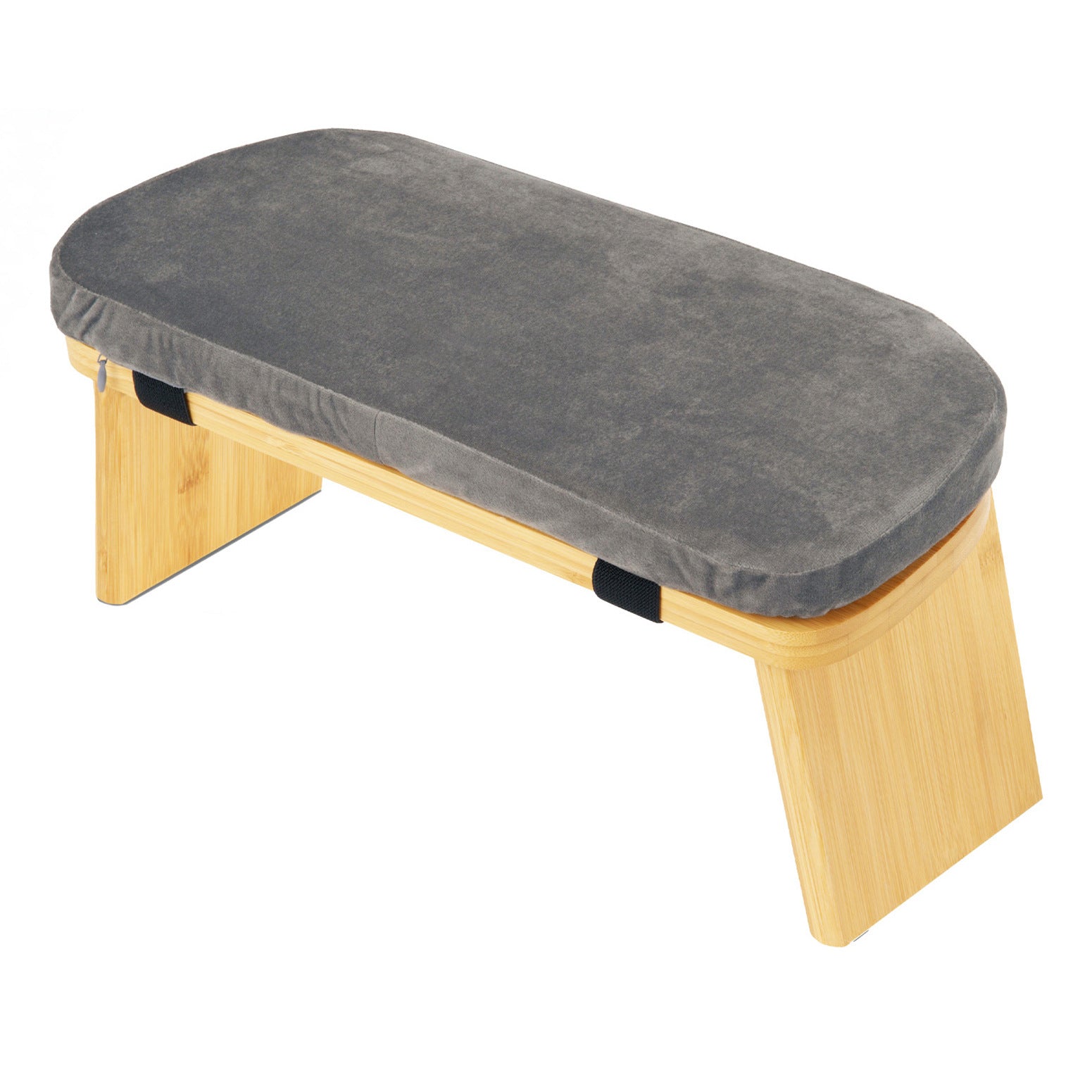 Wooden bench with a gray cushion on a white background