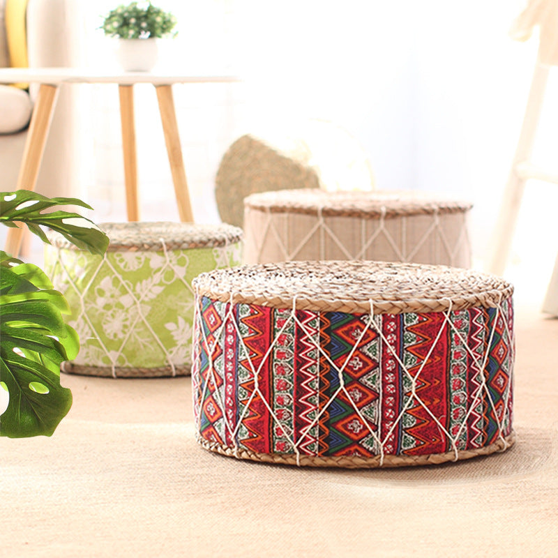 Decorative ottomans with geometric patterns in a home setting
