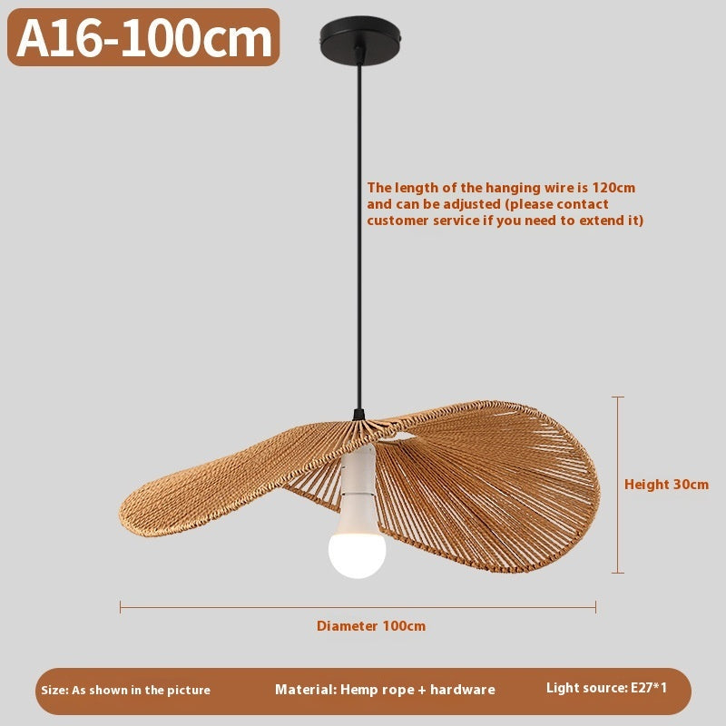 Pendant light with wicker design and dimensions on a gray background