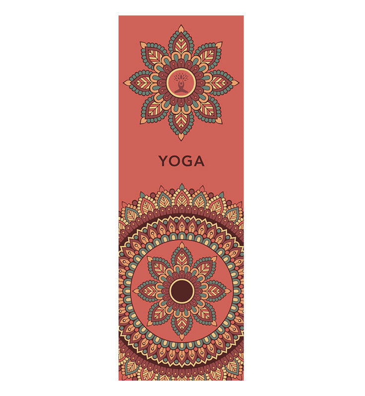 Yoga mat with mandala design and 'Yoga' text on a red background