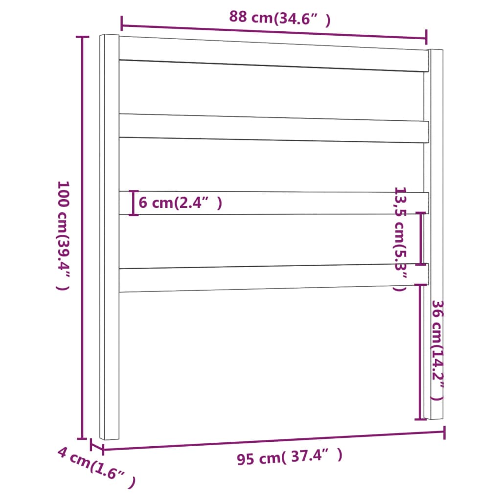 Measurement chart of a rectangular object with dimensions labeled in centimeters and inches.