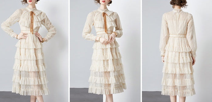 Three views of a woman wearing a beige dress with a belt on a gray background