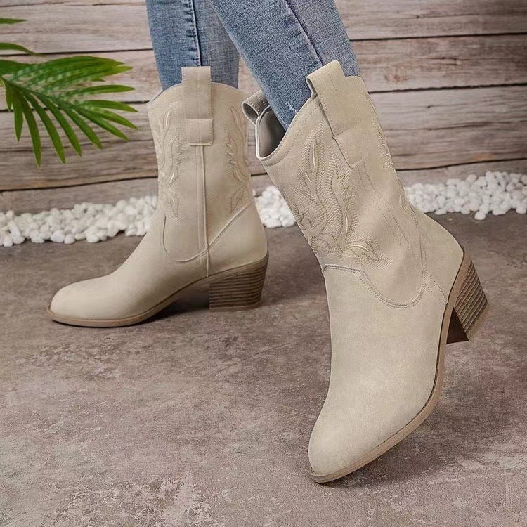beige Ankle High Cowboy Boots for Women