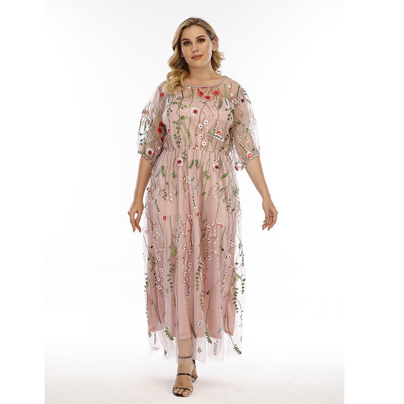 nude Floral Embroidery Midi Plus Size Dress