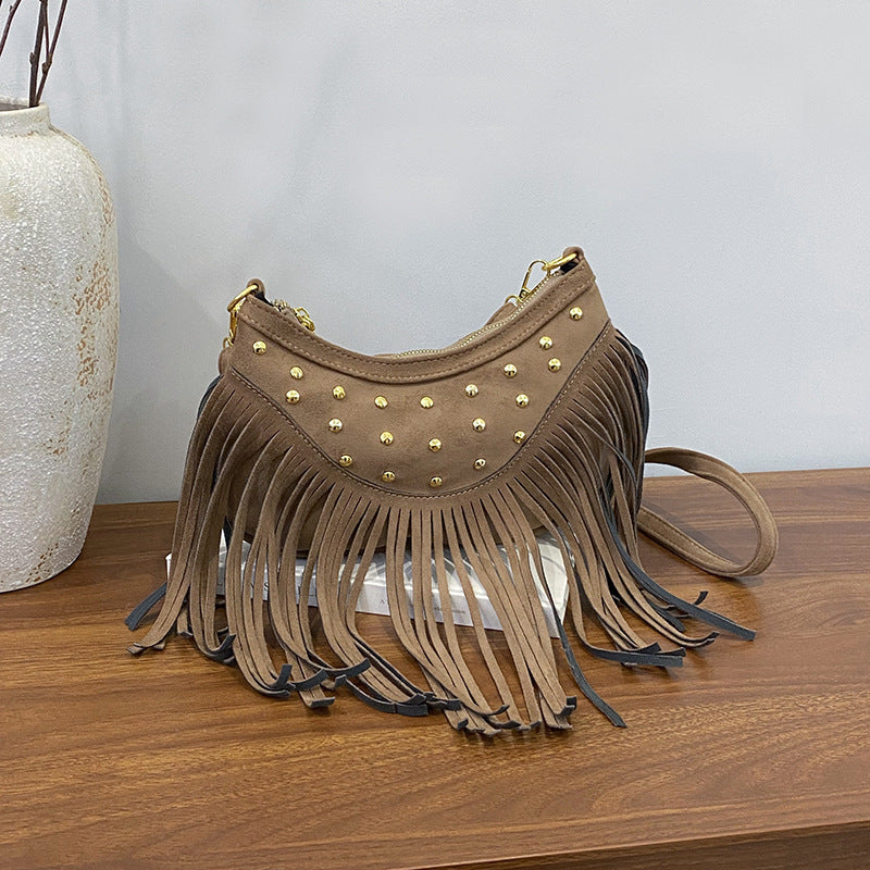 beige Fringed Bohemian Hobo Bag for Women