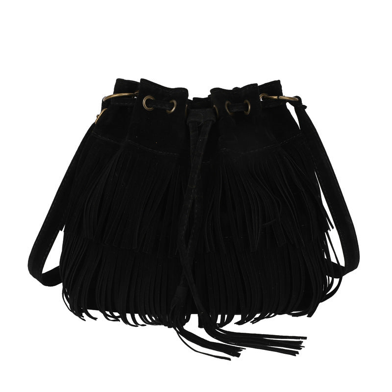 black Boho Fringe Bucket Bag