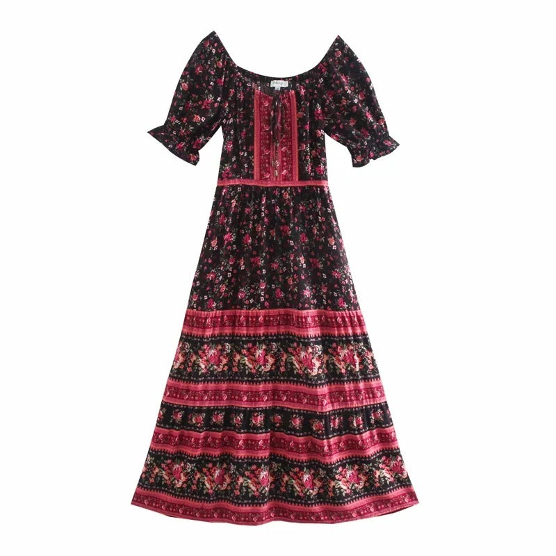 black red Boho Short Sleeve Maxi Dress