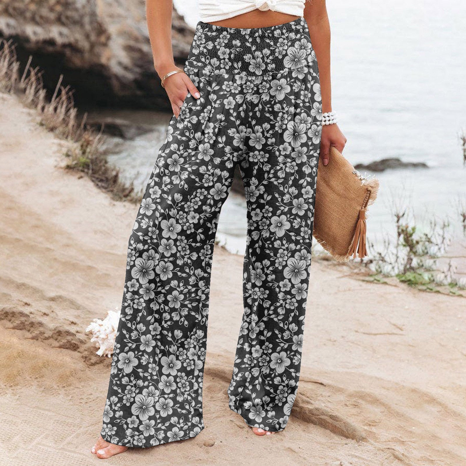 black Elastic Waist Boho Pants Loose Fit