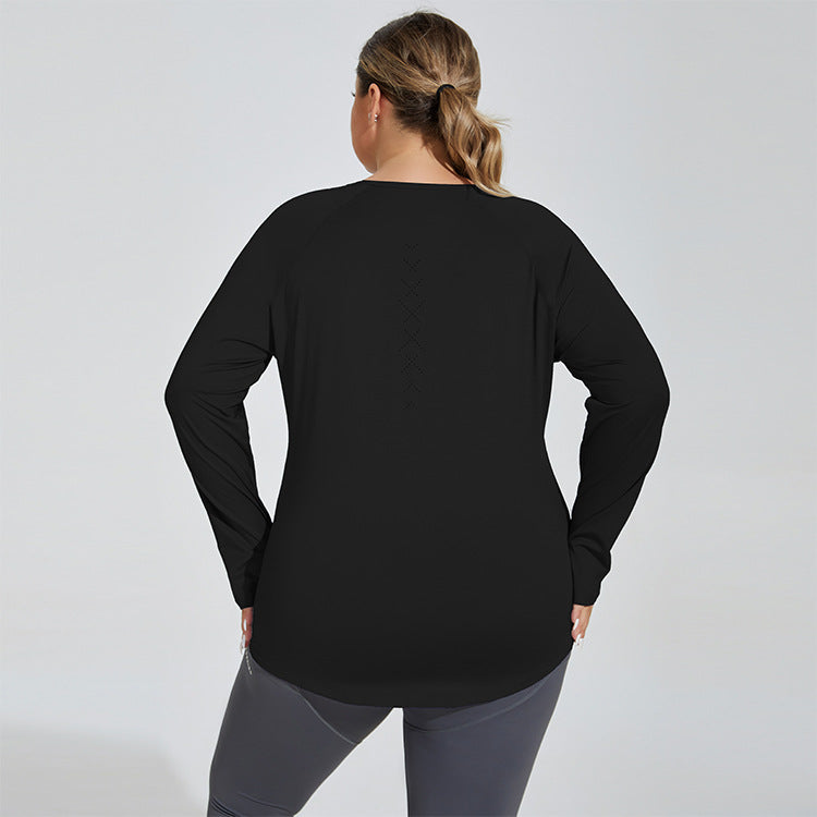 black Plus Size Loose-Fitting Yoga Top with Long Sleeves