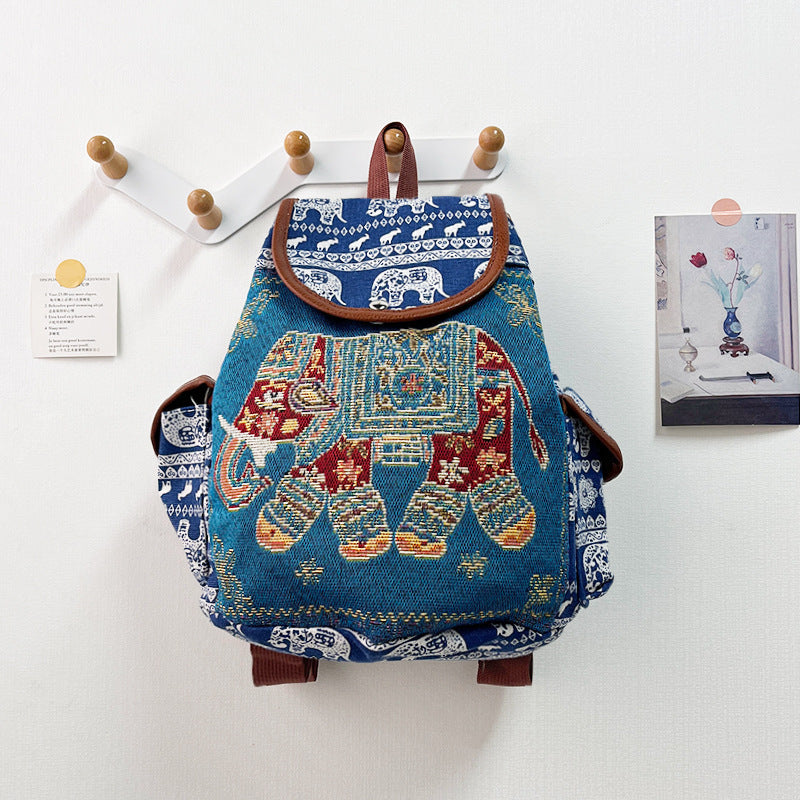 blue Bohemian Embroidered Backpack with Elephant Design