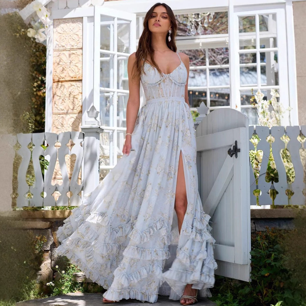 Boho Floral Corset Tulle Prom Dress