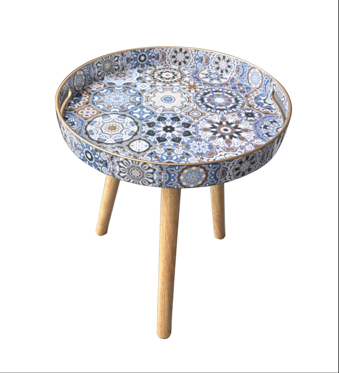 Round side table with decorative mosaic top on a white background
