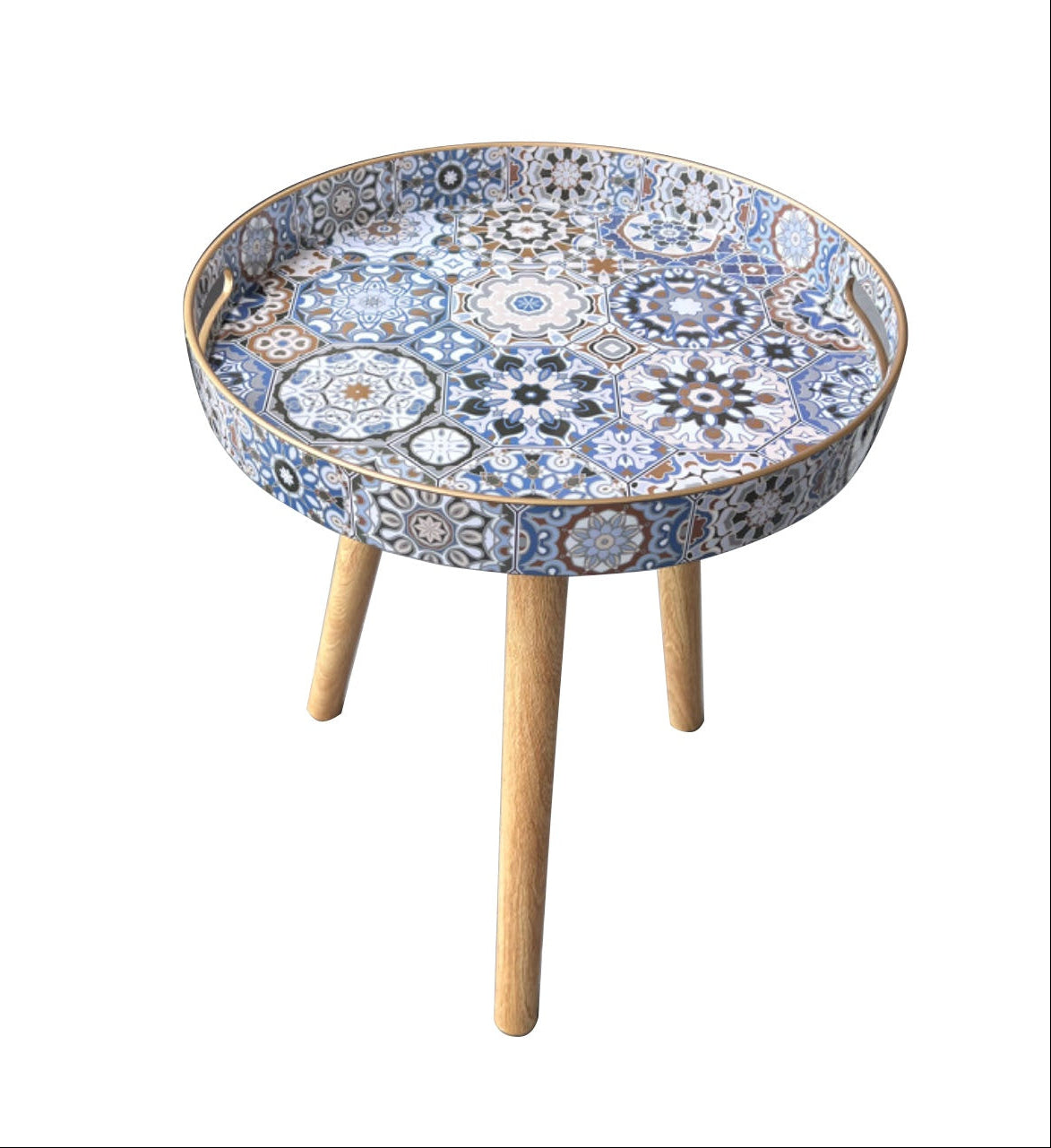 Round side table with decorative mosaic top on a white background