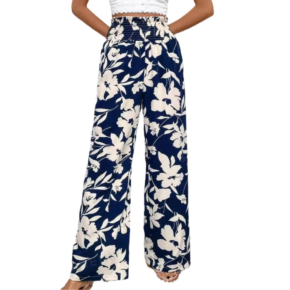 blue Comfortable High Waist Flower Print Pants