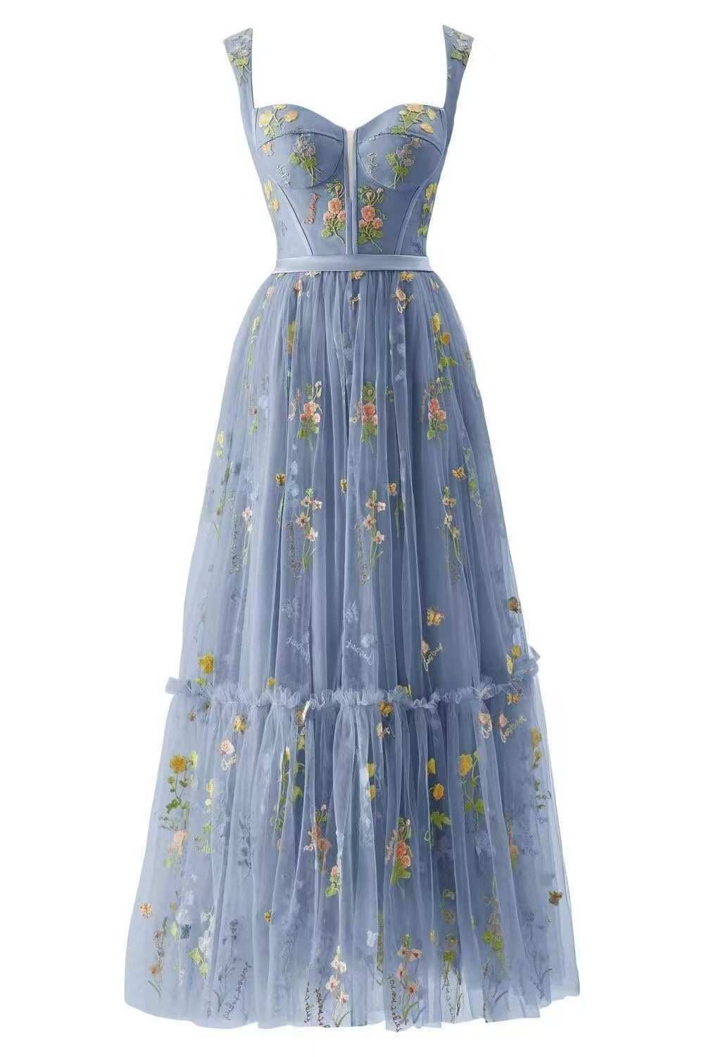 blue embroidered Floral Boho Formal Gown Dress