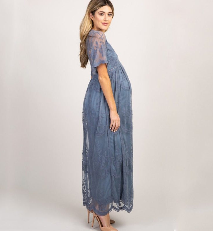 blue Lace V-Neck Pregnancy Photoshoot Dress