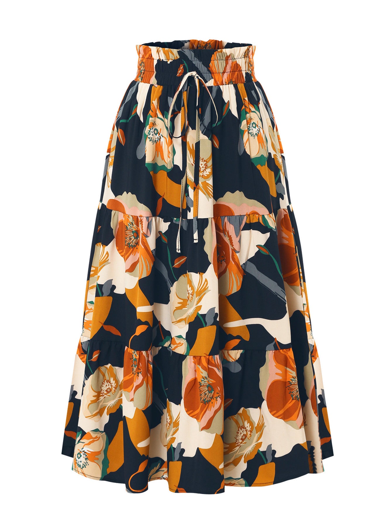 Floral patterned skirt with orange, white, and navy colors on a white background