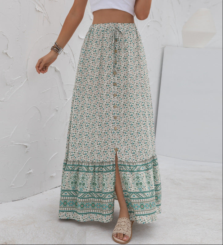 green Maxi Button Up Skirt with Boho Floral Print