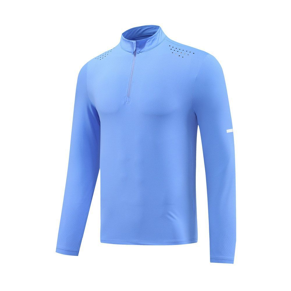 Light blue long-sleeve athletic shirt with a quarter zip on a white background
